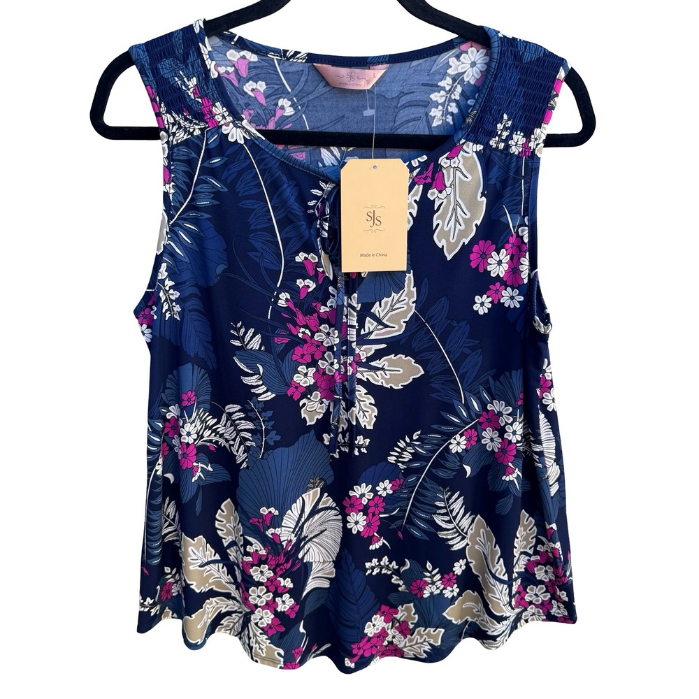 SJS Feminine Boho Flowy Tropical Floral Sleeveless Navy Smocked Blouse L NEW